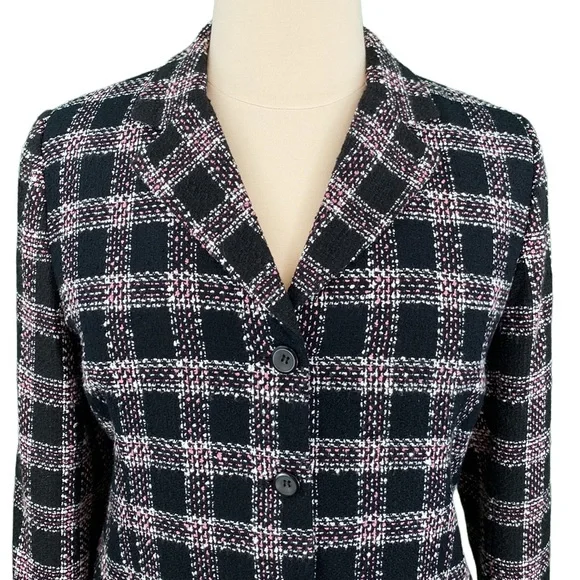 Requirements Petite Classic Black and Pink Plaid Tweed Jacket - Picture 2 of 14